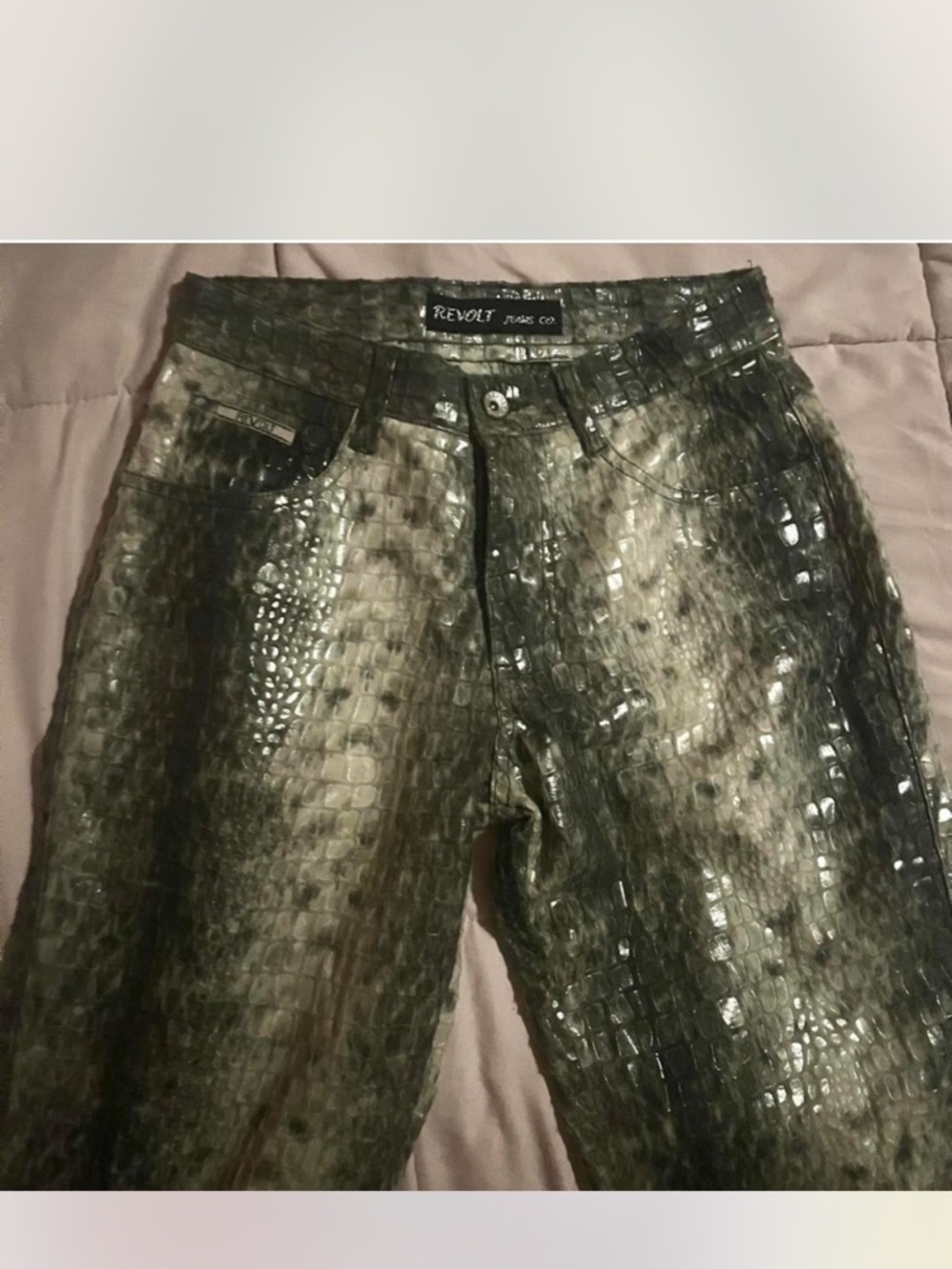 Revolt Jeans Co. Metallic Olive Croc-Embossed Pants